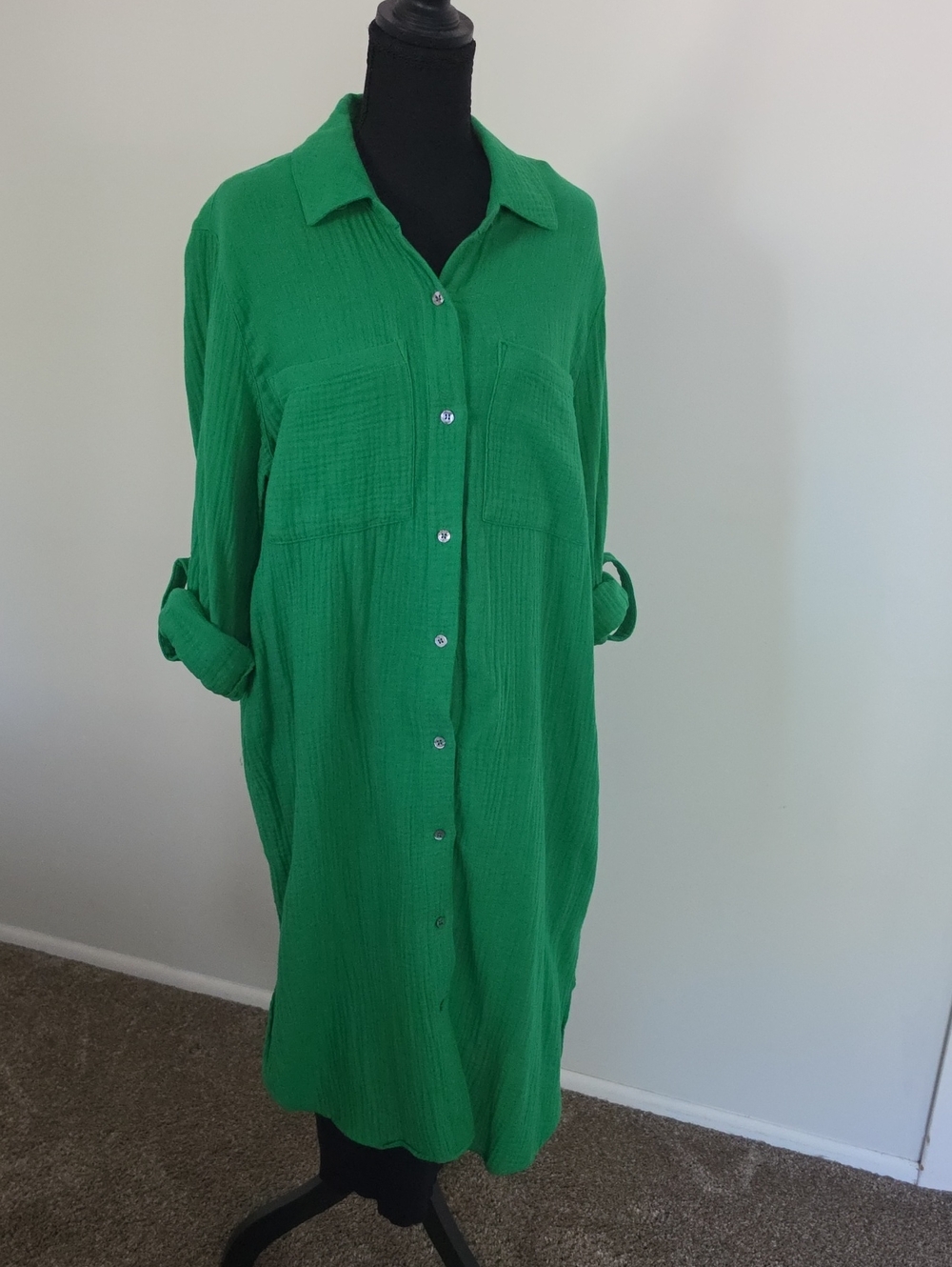 Magaschoni Bright Green Long-Sleeve Button Shirt Dress